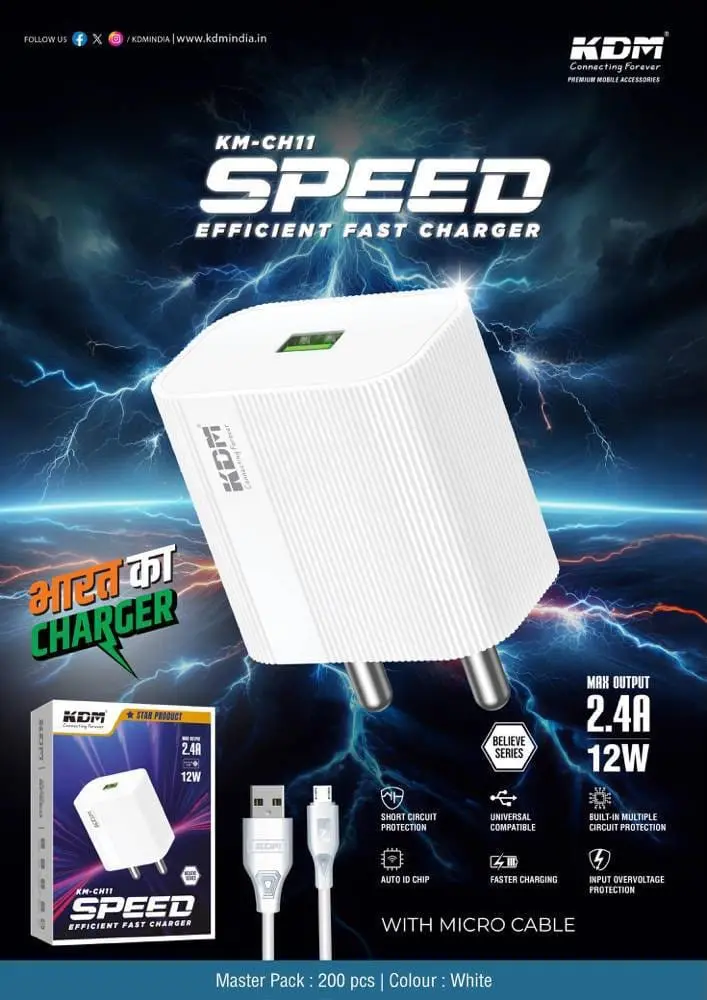 KDM KM-CH11 SPEED MICRO (2.4A) BELIEVE SERIES *(12W⚡️)* FAST EFFICIENT SINGLE USB TRAVEL 🧳 CHARGER  1 Year Warranty AVAILABLE -₹135 - Image 1